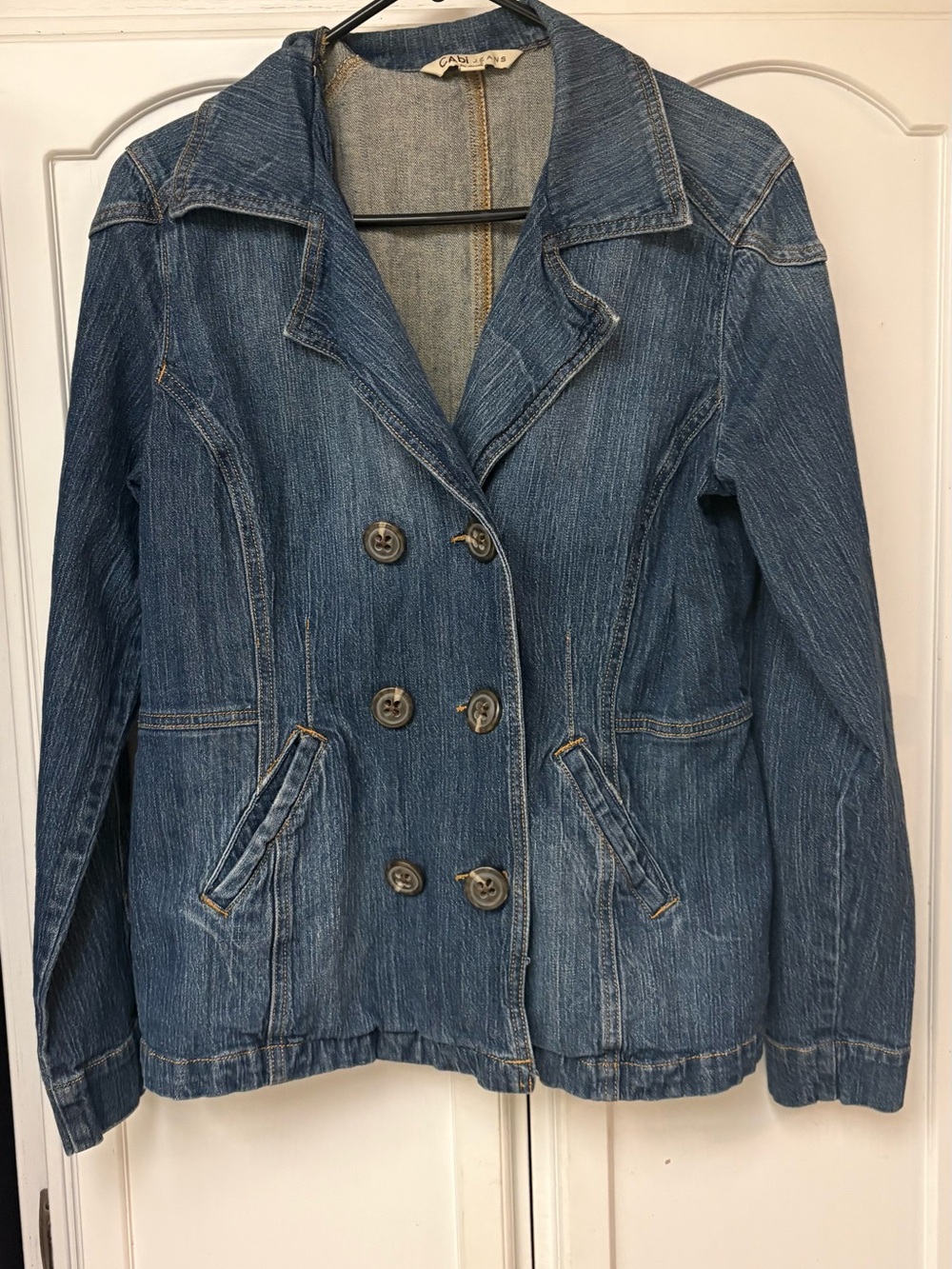 CAbi Vintage-Style Double-Breasted Denim Jacket in Blue